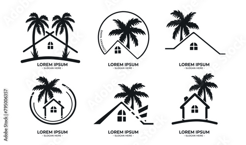 palm house logo outline. collection of logo with palm house vector sketch © bleskk