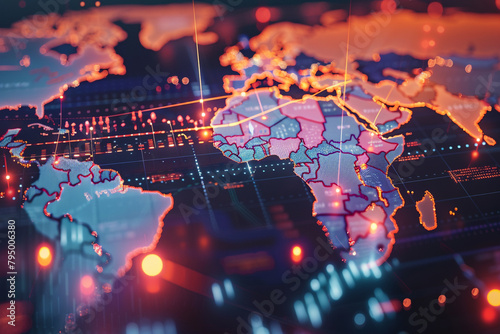 Detailed view of a world map with glowing lines connecting major financial centers  photo