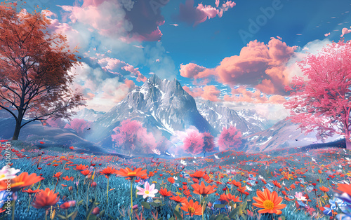 A path in the garden with flowers and a path in the middle of it ,Colorful sky background