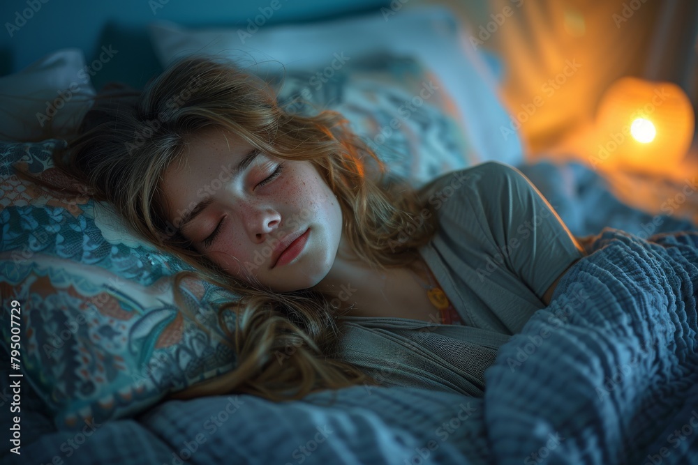 A peaceful ambiance as a young woman sleeps soundly in a bed adorned with vibrant linens and warm lighting in the background A peaceful ambiance as a young woman sleeps soundly in a bed adorned with vibrant linens and warm lighting in the background