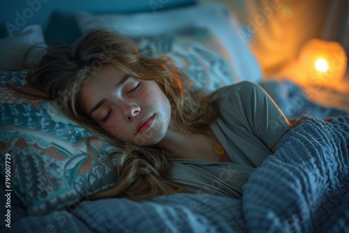 A peaceful ambiance as a young woman sleeps soundly in a bed adorned with vibrant linens and warm lighting in the background