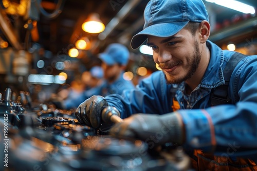 A skilled worker in a blue uniform carefully examines machine components on the production line