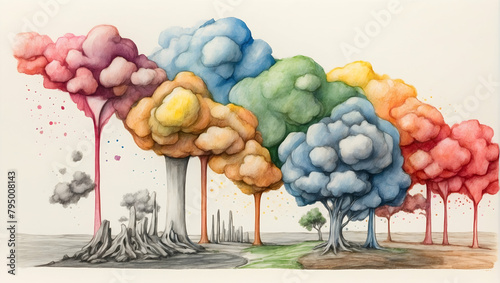 Global Warming Chronicles: Watercolor Hand Drawings Depicting Long-Term Carbon Choices and Their Environmental Impact on the Planet