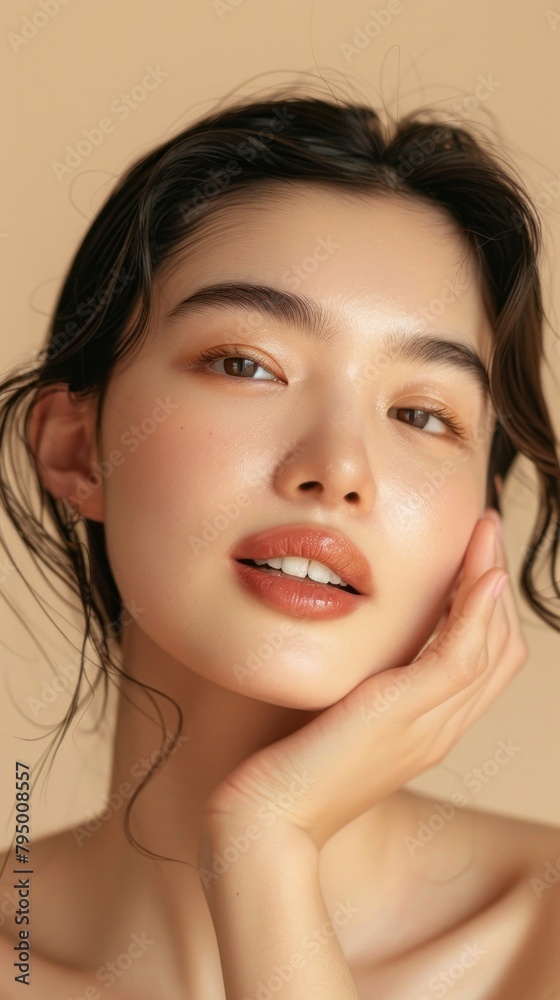 Naklejka premium A woman with a beautiful face is shown with her hand on her face