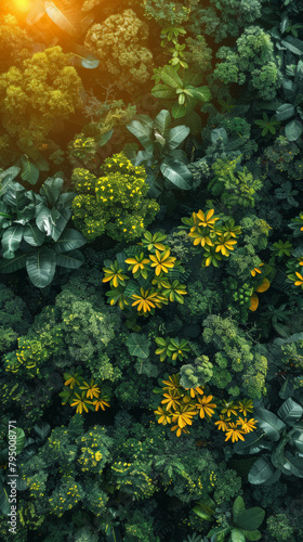 Lush Green Forest Aerial View with Yellow Wildflowers in Bloom