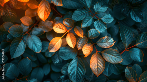 Bright subtle summer leaves in a random abstract pattern with high intensity lighting creating harsh shadows and bright highlights for a vibrant background 