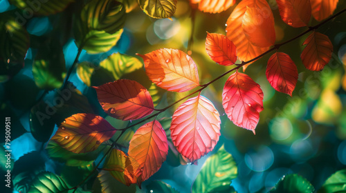 Vivid Leaf Patterns. An exquisite display of leaves in a kaleidoscopic array of colors  illuminated to reveal intricate patterns and the breathtaking beauty of plant life.