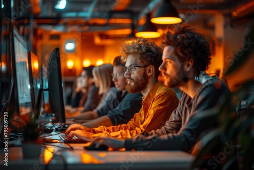 In a warmly-lit office, developers are focused on a group coding session with visible screens