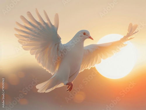 a white dove flying in the sky with the sun behind it