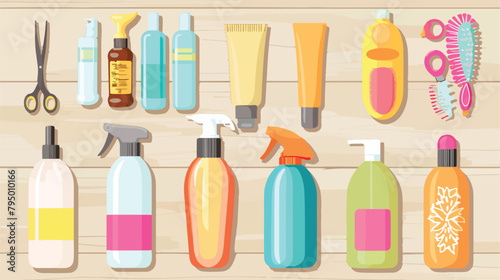 Different bottles of hair sprays brush scissors