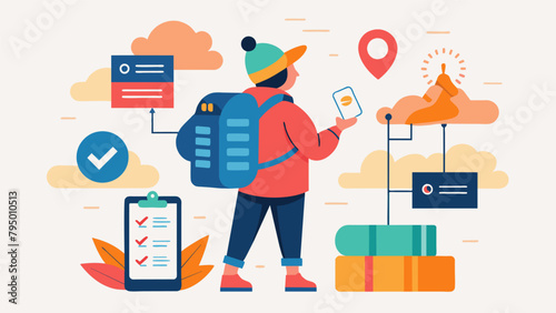 A picture of a traveler with a backpack accompanied by a checklist of essential budgeting tools and resources to have while on the road.