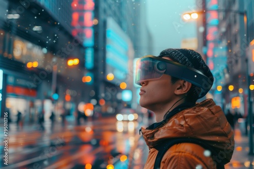 A person wearing smart glasses is navigating the city.