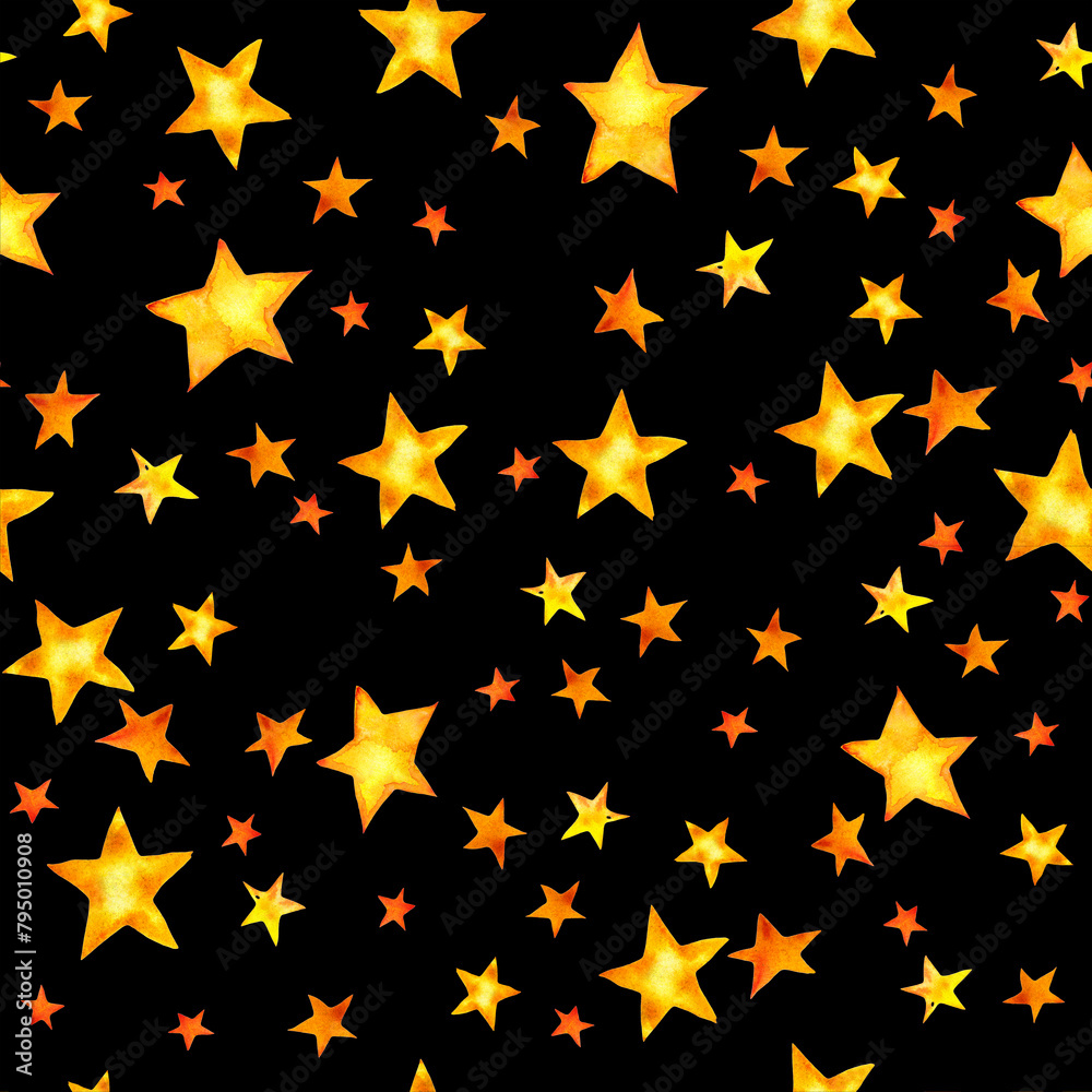Seamless pattern of yellow stars on a black background. Watercolor drawing.
Seamless pattern of yellow stars on a black background. Watercolor drawing.