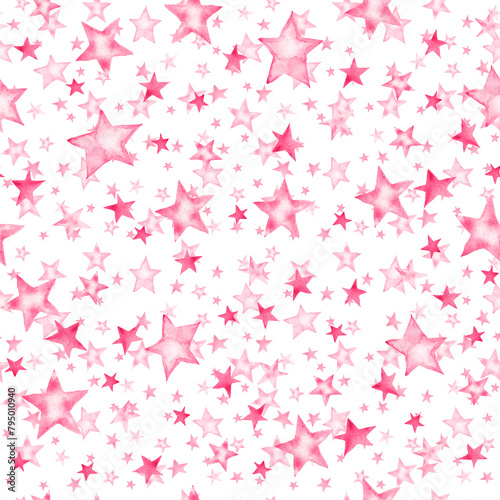 Seamless pattern of pink stars in layers on a white background. Watercolor drawing. 