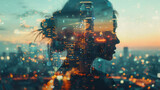 Fusion of human, cityscape, and technology in an artistic double exposure image.