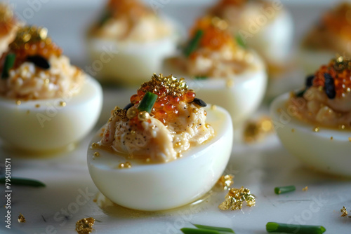 Deviled Eggs with a filling of lobster and caviar topped with gold flakes an elegant appetizer photo