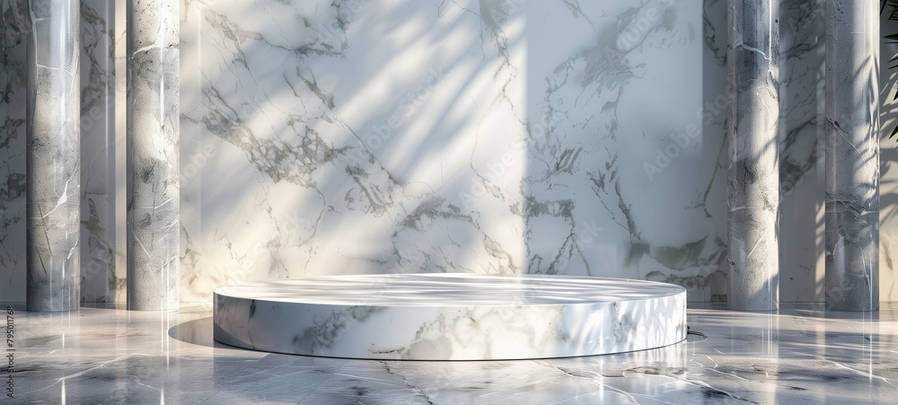 Modern marble podium. An elegant white marble podium with sunlight casting soft shadows, ideal for product displays and contemporary presentations. Modern marble podium. An elegant white marble podium with sunlight casting soft shadows, ideal for product displays and contemporary presentations.