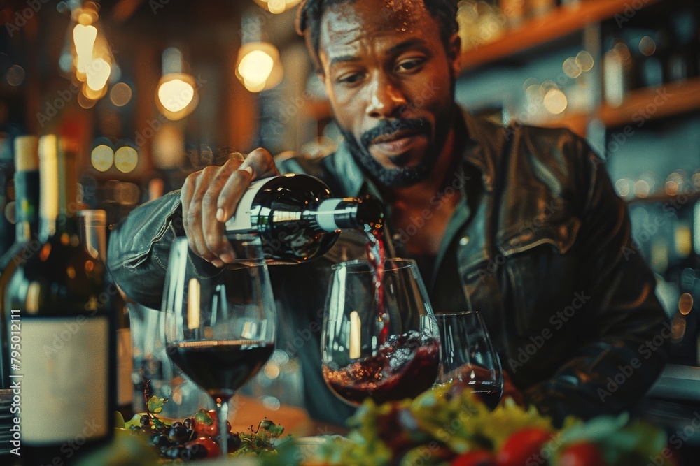 Man serves wine with a pensive look, against a richly textured backdrop, highlighting the art of sommelier and hospitality