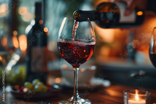 Fine red wine flows elegantly into a glass against a backdrop of soft lighting and gourmet setting