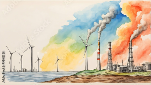 Watercolor Hand Drawing Depicting Energy Evolution: Transitioning from Fossil Fuels to Renewable Sources in the Global Warming Context