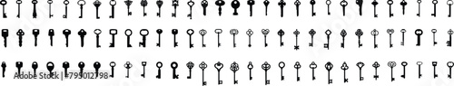 Keys set of black silhouette of door lock symbol. Victorian key collection vintage. Set Of Sketch Old Key. antique skeleton keys vector icons photo