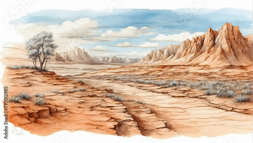 Watercolor Hand Drawing Illustrating the Impact of Climate Change on Land Degradation and Erosion, Global Warming Alert Concept