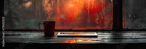 A laptop with a coffee cup,
Candle light scene High definition photography creative background wallpaper
 photo