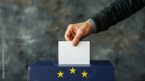 Voter Placing White Paper in European Flag Decorated Ballot Box - Democratic Participation, EU Policy Decision, Electoral Referendum.