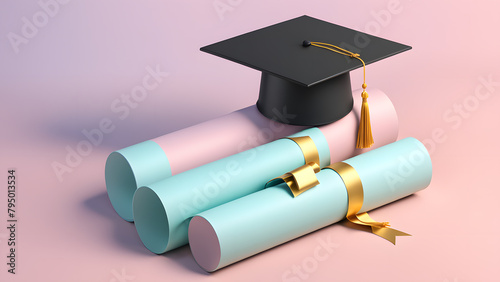 A graduation cap is on top of three graduation certificates. The cap is black and gold, and the certificates are blue and pink.