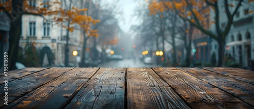 Blurry urban European street corner with empty wooden table and passerby. Concept Outdoor Photography, Urban Landscape, Street Scene, Blurry Background, European Architecture © Anastasiia