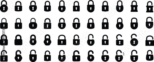 Set of Silhouette of locked and unlocked padlock. Flat design. close and open lock collection. Security symbol. Privacy symbol vector stock illustration. photo