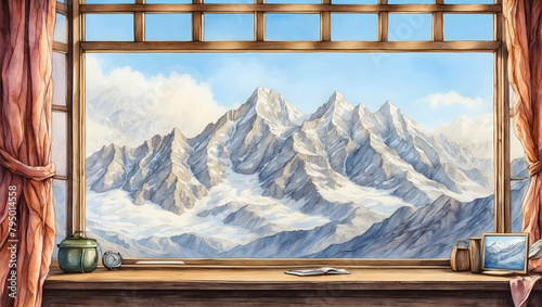 Serene Watercolor Landscape Featuring Majestic Mountain Peaks Viewed Through a Window  Ideal for Adventure Tour Operators. Perfect for Relaxation Areas. 