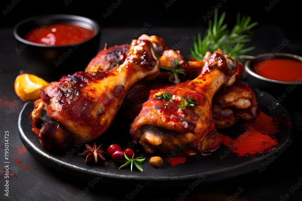 Delicious and juicy grilled chicken legs meat with spices sauces Delicious and juicy grilled chicken legs meat with spices sauces