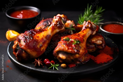 Delicious and juicy grilled chicken legs meat with spices sauces