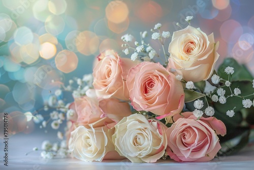 a bouquet of pink and white roses