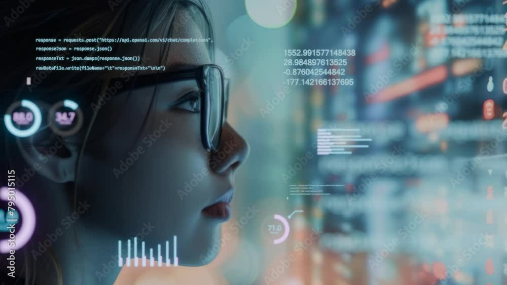 Futuristic Vision of a Woman Analyzing Complex Data and Statistics. Data technology portrait. Futuristic Vision of a Woman Analyzing Complex Data and Statistics. Data technology portrait.