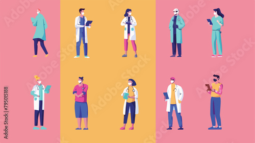 Set of doctors and patients on color background.