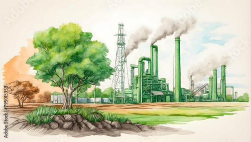 Vibrant Watercolor Hand Drawing Illustrating the Implementation of Renewable Resources in the Green Industry for a Sustainable Future