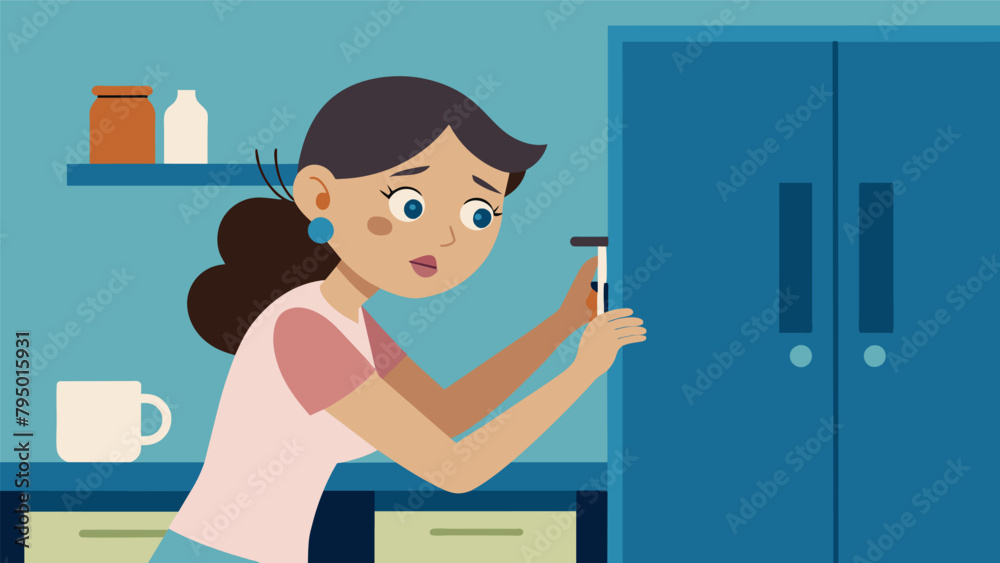 A woman tightening screws on a squeaky kitchen cabinet to avoid calling a repairman. A woman tightening screws on a squeaky kitchen cabinet to avoid calling a repairman.