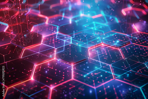 Digital hexagons on a futuristic neon background, symbolizing advanced connectivity and cybernetic networks