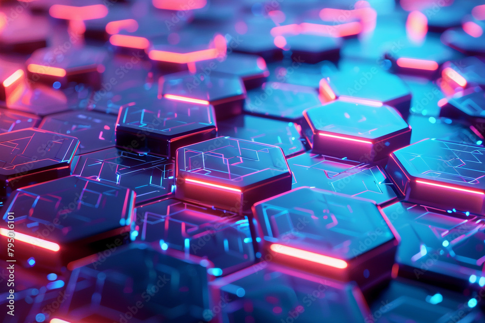 Digital hexagons on a futuristic neon background, symbolizing advanced connectivity and cybernetic networks