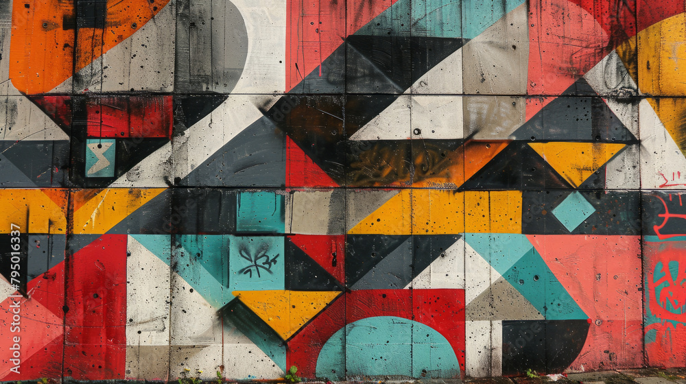 Fototapeta premium Urban graffiti art featuring geometric patterns and digital motifs in a city setting.