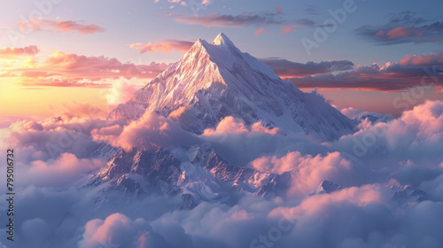 A majestic mountain peak untouched by humanity, bathed in the first light of dawn, towering above rolling clouds. photo