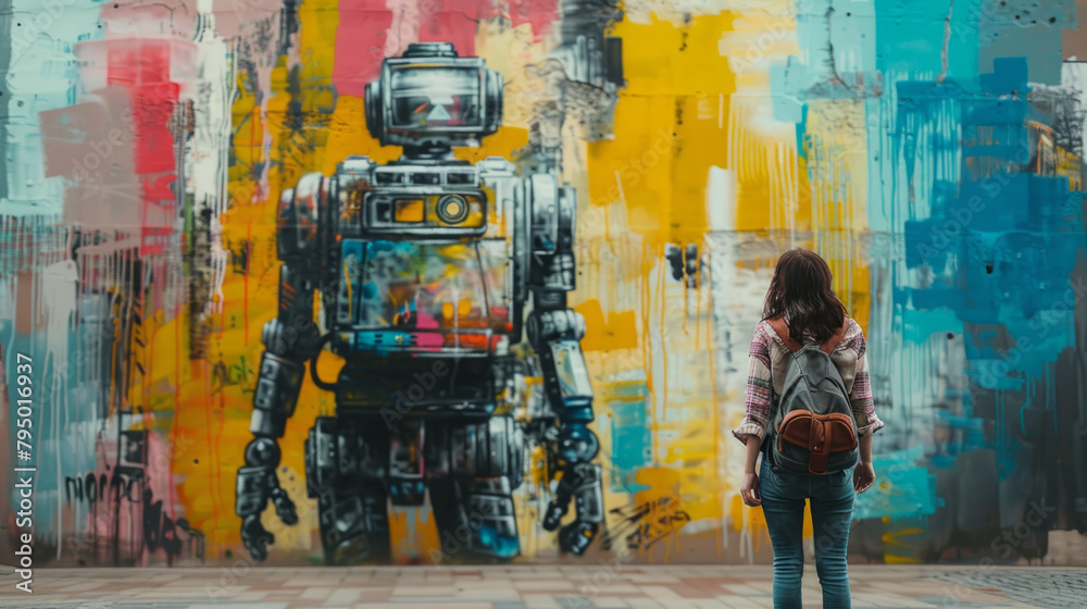 AI-driven robot creating vibrant mural in urban setting, capturing attention of onlookers with its unique artistic expression.