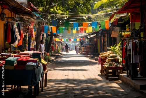 A vibrant street market with stalls selling handicrafts  textiles  and unique local goods.