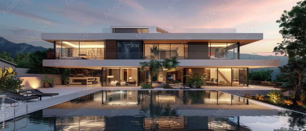 A stunning contemporary house featuring modern design elements, spacious interiors, and a beautiful infinity pool, exemplifying luxurious living.