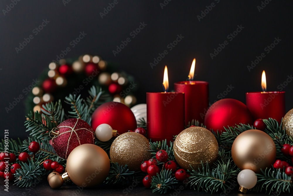 a candle and ornaments in a wreath
