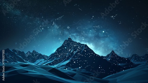 Abstract polygonal mountain with glowing lines and dots on a dark blue background