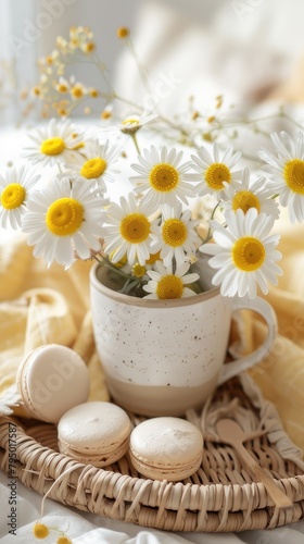 photo of daisies and macarons in the cup, on wicker table top, yellow and white color palette