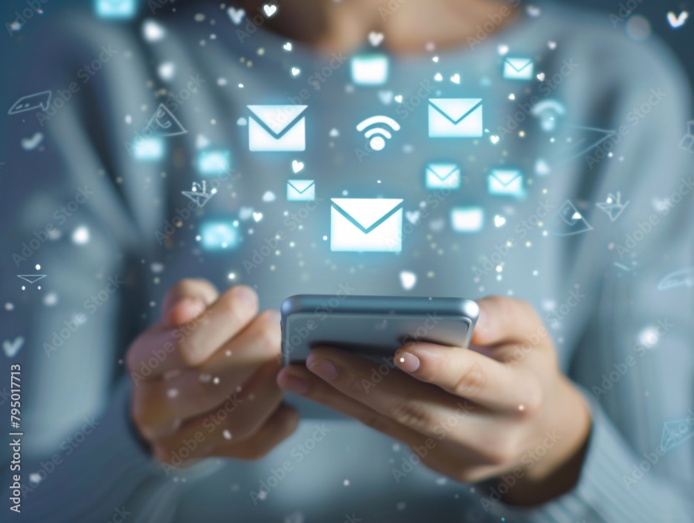 a person holding a phone with icons flying out of them a person holding a phone with icons flying out of them